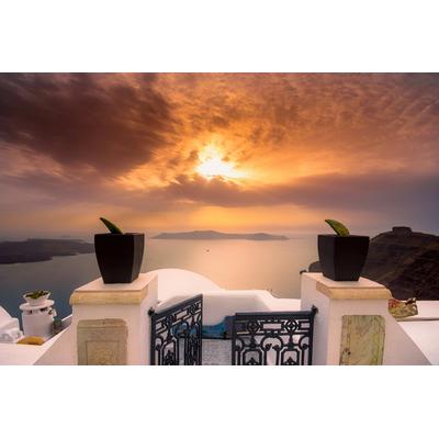 Fototapete PAPERMOON "TERRASSE-SANTORINI SEE MEER STRAND PALMEN DÜNEN SCHIFFE", bunt, B:2,5m L:1,86m, Vlies, Tapeten