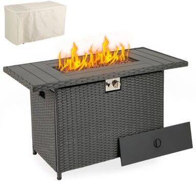 Costway 44.5 Inch Propane Fire Pit Table Rattan Gas 2-in-1 with Stainless Steel Burner-Black