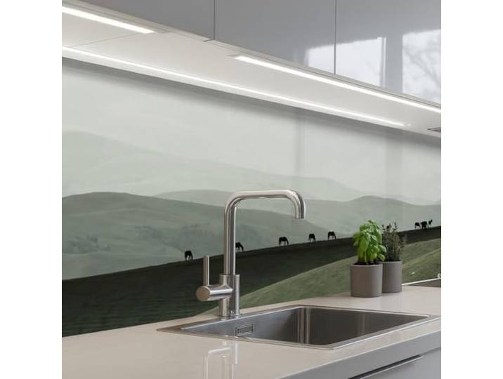 KitchenYeah© Küchenrückwand Selbstklebende Kitchen Wall Protector Küchen 60x250 cm - Rückenwand Küchenfronten Küchenrückwände Küche Wand Grau - Berg - Pferde