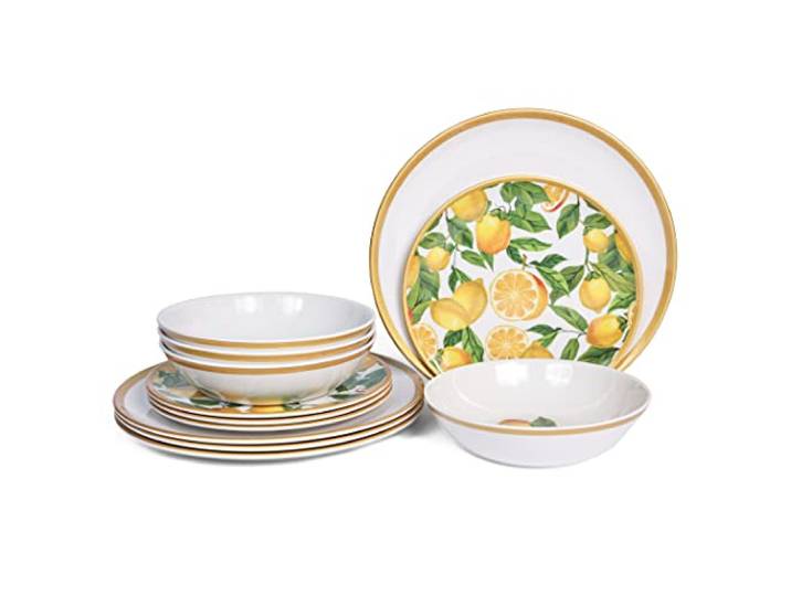 Lechoo Melamin-Geschirr-Set, 12-teilig für 4 Personen, Zitronen-Design, BPA-frei, für drinnen und draußen