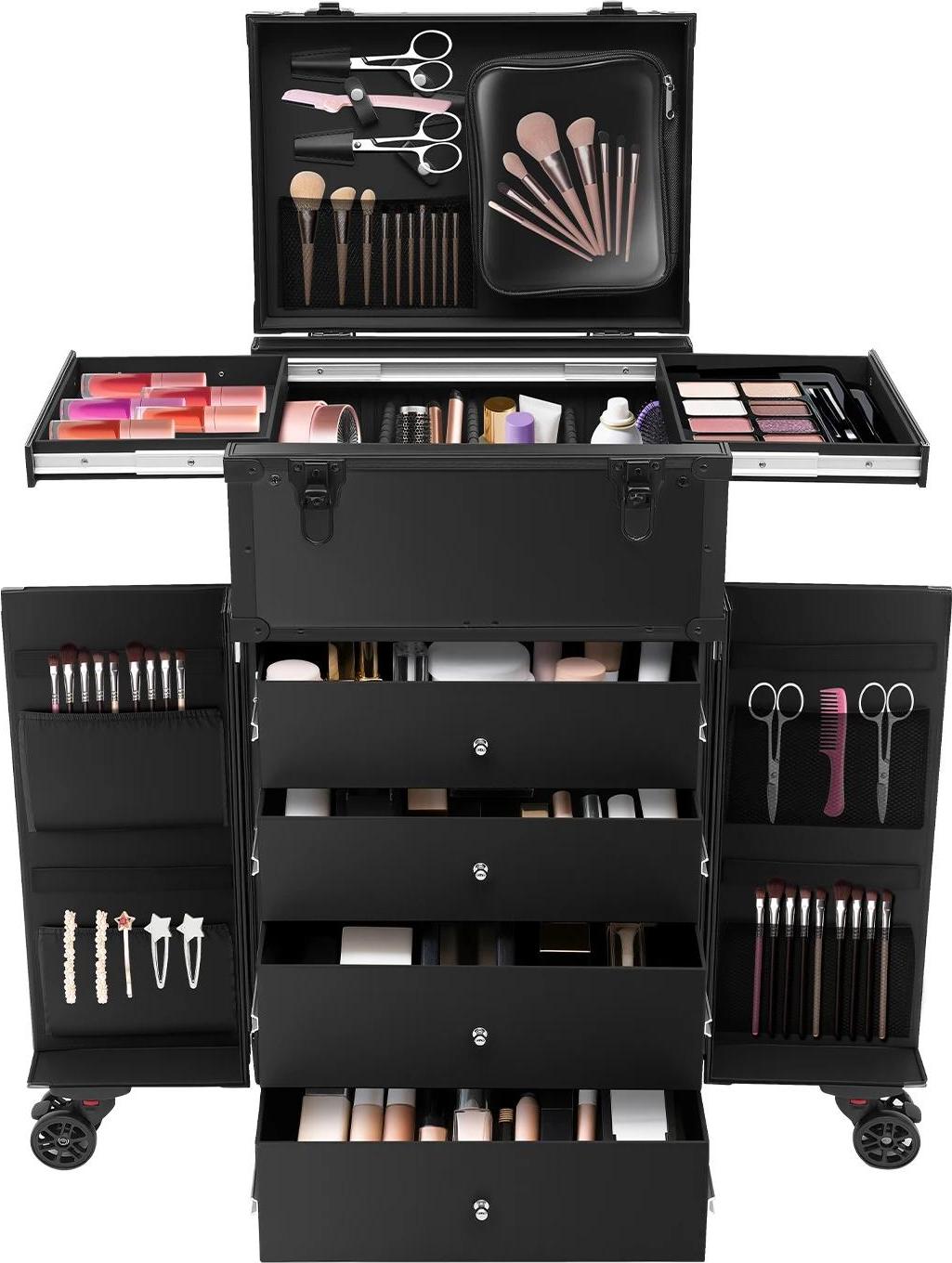 Professioneller Schminkkoffer - rollender Kosmetikkoffer Trolley - Aluminiumlegierung - 40×30×80 cm Großraum - Tragkraft 30 kg - Schwarz