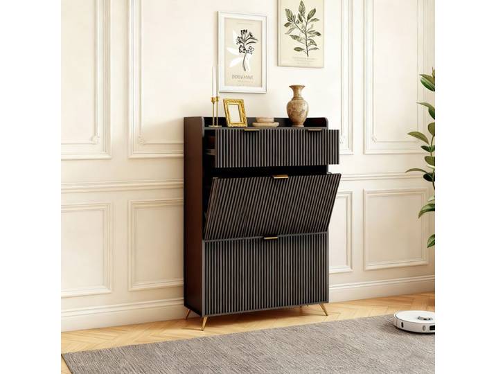 Meuble à chaussures - POCKETPOP - 2 portes abattantes - 2 tiroirs - Noir