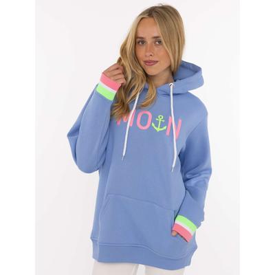 Hoodie ZWILLINGSHERZ "Rahel", Damen, Gr. L, blau, Obermaterial: 50% Baumwolle, 50% Polyester, bedruckt, unifarben, hüftbedeckend, ohne Ausschnitt, Rippbündchen kontrastfarben, Sweatshirts Hoodie, mit "MOIN" und Anker Stickerei, kontrastfarbigen...
