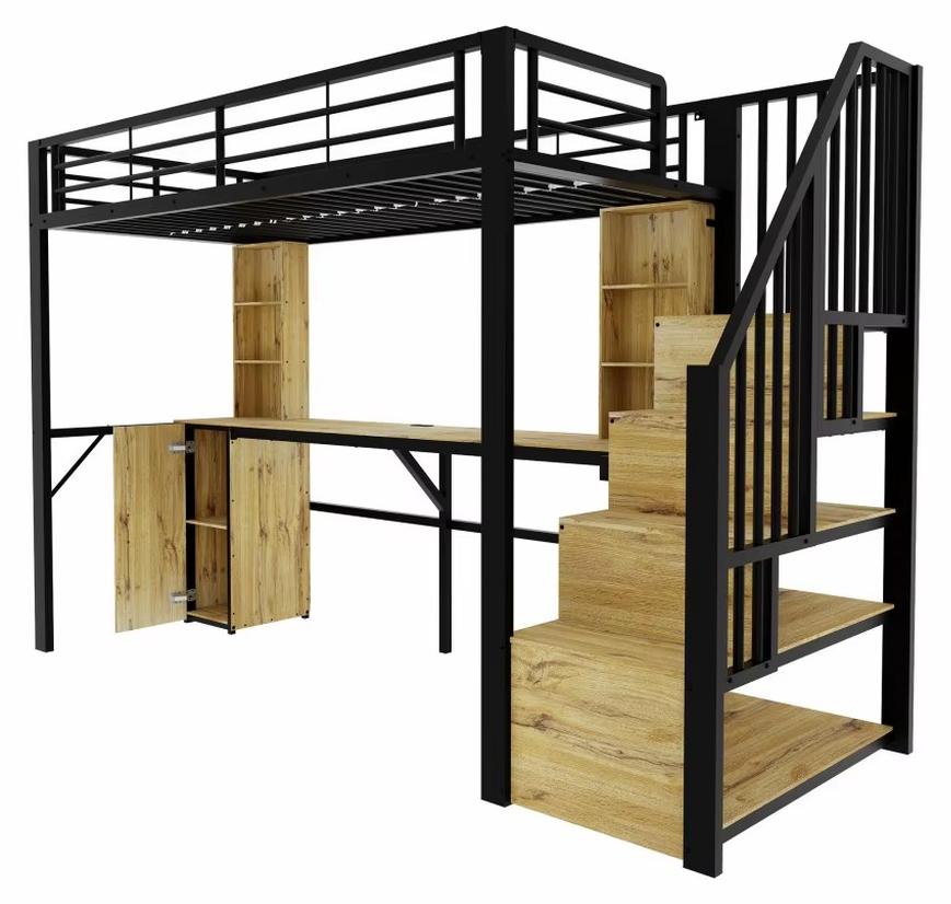 Hochbett 90 × 200 cm - Metall-Holz-Gestell - Schreibtisch - Kleiderschrank - Stauraumtreppe - Sicherheitsgeländer - Platzsparend