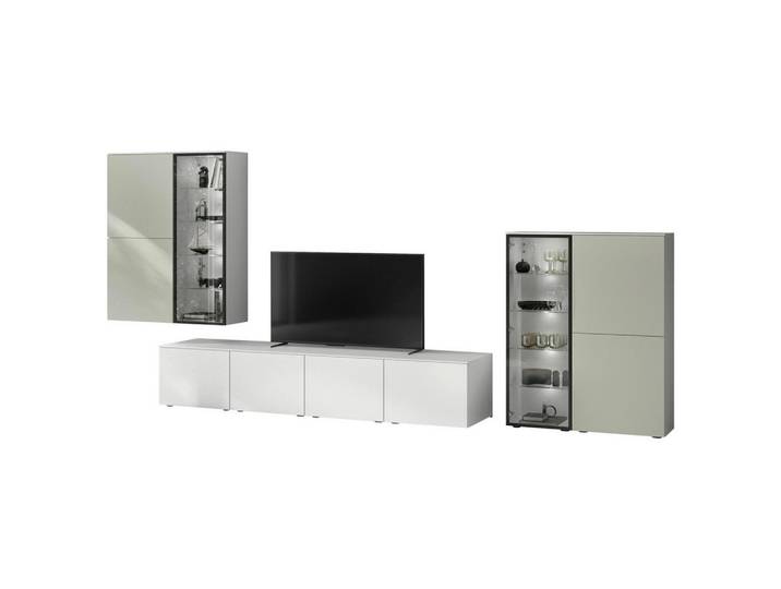 Celina Home Wohnwand, Weiß, Jadegrün, Glas, 14 Fächer, 425.3x204.6x58.5 cm, individuell planbar, Beimöbel erhältlich, in verschiedenen Holzdekoren erhältlich, Wohnzimmer, Wohnwände, Anbauwände