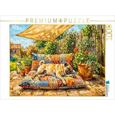 CALVENDO Puzzle Mops entspannt gemütlich auf Kissen auf Terrasse Puzzle | 1000 Teile Lege-Größe 64x48cm Foto-Puzzle für glückliche Stunden