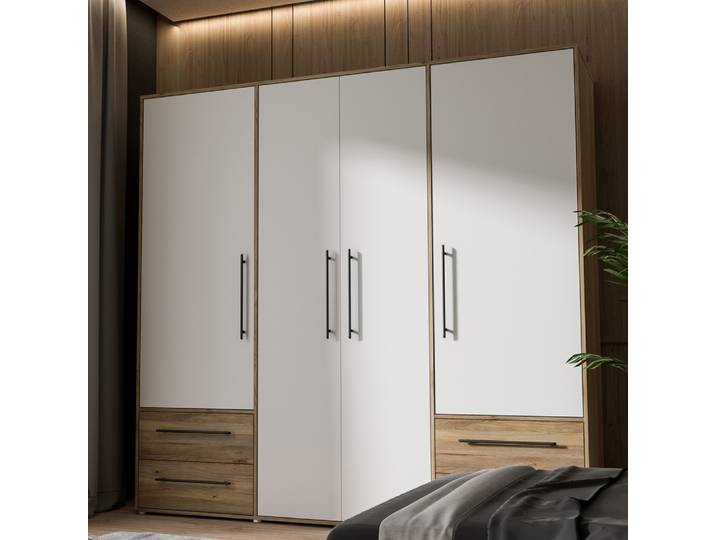 Kleiderschrank Drehtürenschrank Mokko , 4-türig , mit Schubkästen , Mauvella Eiche / weiß