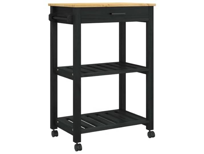 HFXHIJXQ Küchentrolley Monza Massivholz Kiefer Schwarz 60x40x88,5 cm Mobiler Servierwagen aus Kiefernholz mitSchublade und Regalboden für Küche, Esszimmer und Feiern.