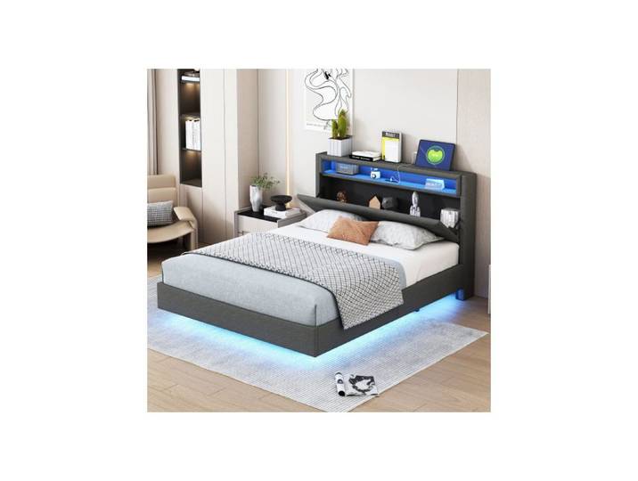 Lit - MUVOE - 140x200 cm - Prise USB - Éclairage LED - Tête de lit réversible