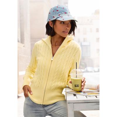 Strickjacke LASCANA "mit Zopfstrickmuster und Reißverschluss", Damen, Gr. 44/46, gelb (hellgelb), Strick, Obermaterial: 50% Baumwolle, 50% Polyacryl, unifarben, figurumspielend hüftlang, Strickjacken Strickjacke, gemütlicher Cardigan, figurbetonte...