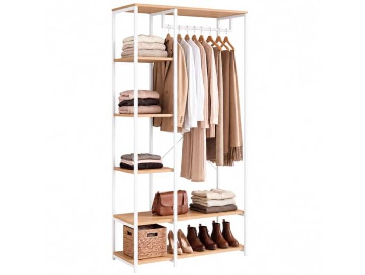 IDMarket - Dressing penderie DETROIT L.90 cm bois et métal blanc Design industriel\, avec penderie + 7 étagères\, modulable avec gamme detroit