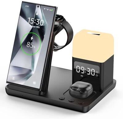 Uplifted Finds 6 In 1 Wireless Charger Station Alarm Clock Night Light For Galaxy Watch Buds Pro And Smartphones black
