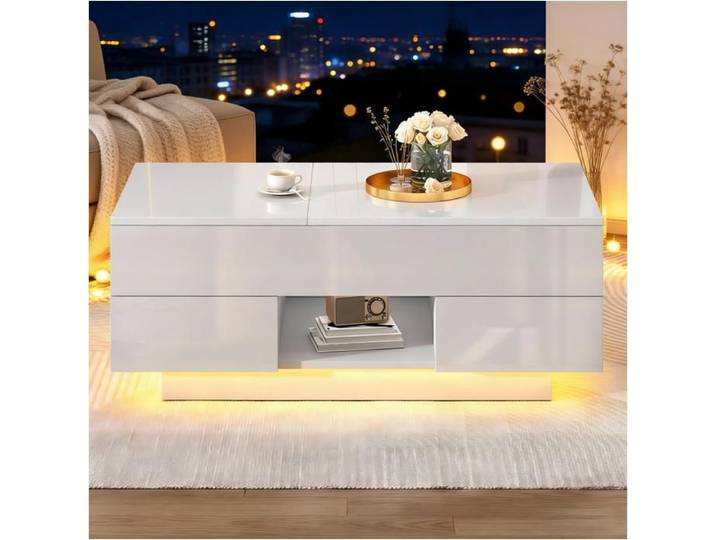 Table basse relevable 100x45x43cm 2 tiroirs laquée brillante LED rangement dissimulé table console salon blanc