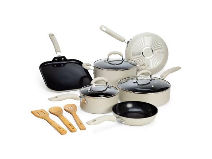 Goodful Keramik-Antihaft-Töpfe und Pfannen, Premium-Keramikbeschichtung, hergestellt ohne PFOA, PTFE oder PFAS, spülmaschinenfest, 12-teilig, cremefarben