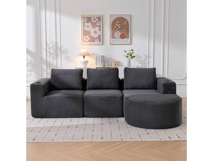 Canapé droit 265 cm - FloraGrace 3 Coussins et 2 Porte-gobelets Structure Rembourrée pour Petit Espace - Gris foncé