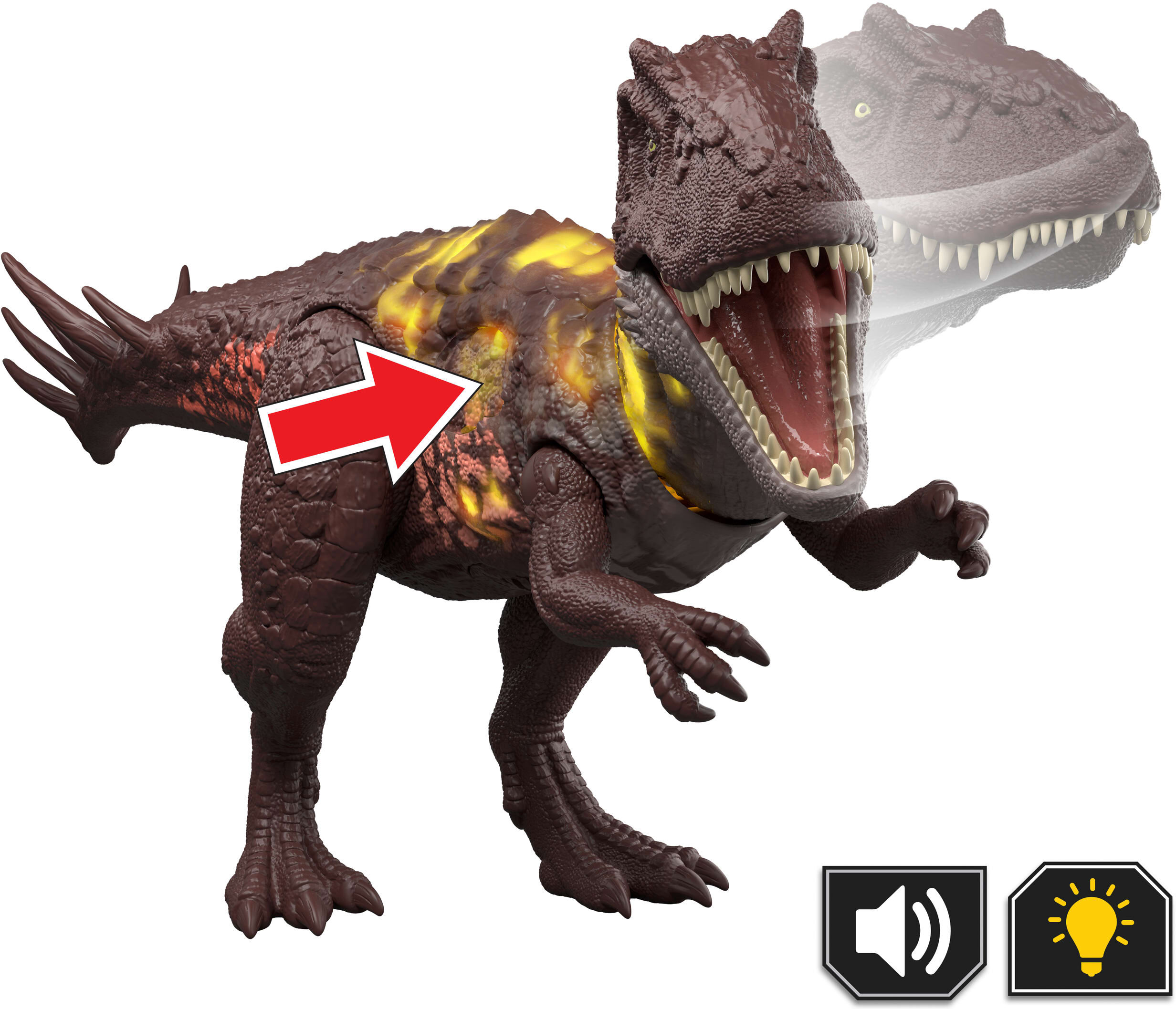 Actionfigur MATTEL "Jurassic World Wild Roar - Metricanthosaurus", braun (bunt), Spielfiguren, KinderT:31cm, Kunststoff, Actionfigur, mit Licht und Sound, T:31cm