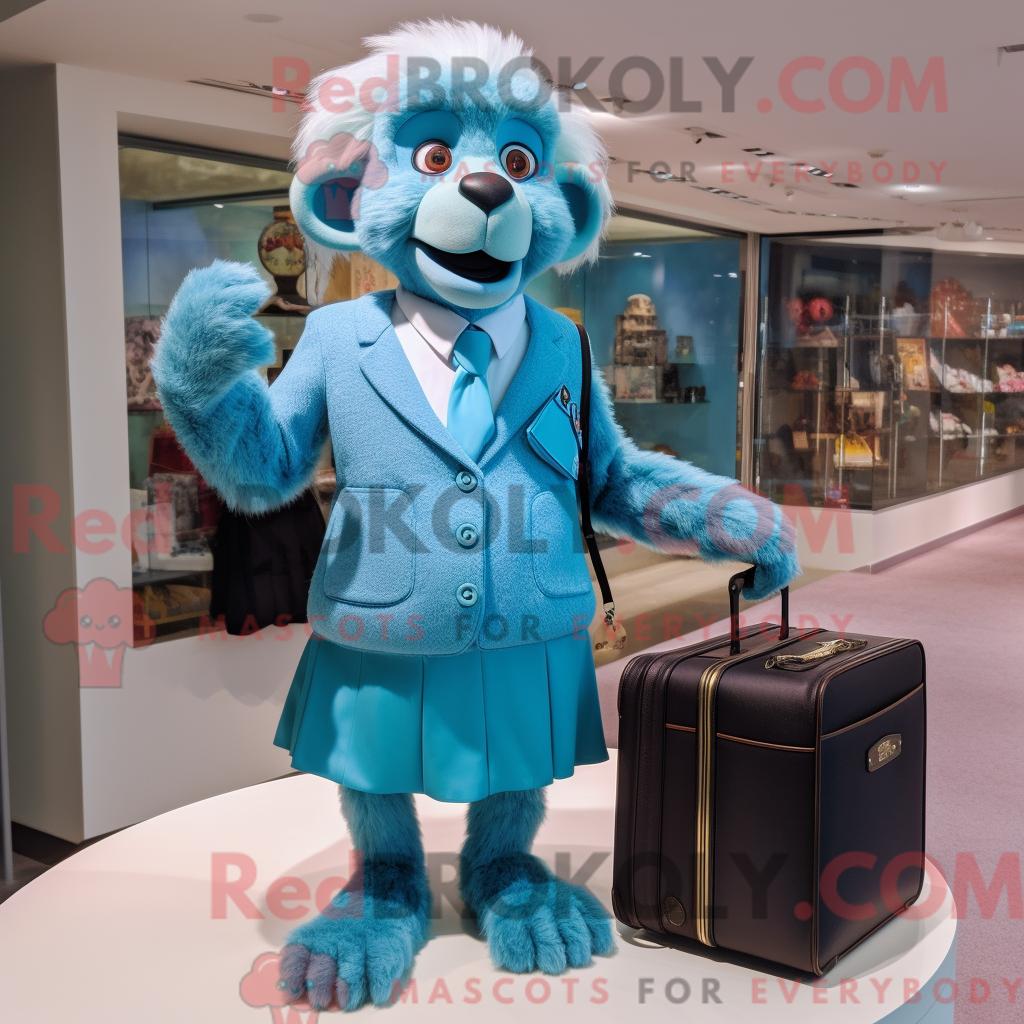 Maskottchenfigur REDBROKOLY eines Cyan-Pavians mit Bleistiftrock und Aktentasche