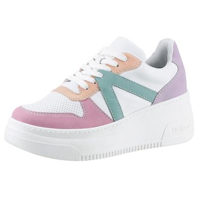 Plateausneaker RIEKER, Damen, Gr. 40, weiß (weiß pastellfarben), Lederimitat, Nubuklederimitat, Schuhe Plateausneaker, mit pastellfarbenen Kontrasten, Freizeitschuh, Halbschuh, Schnürschuh