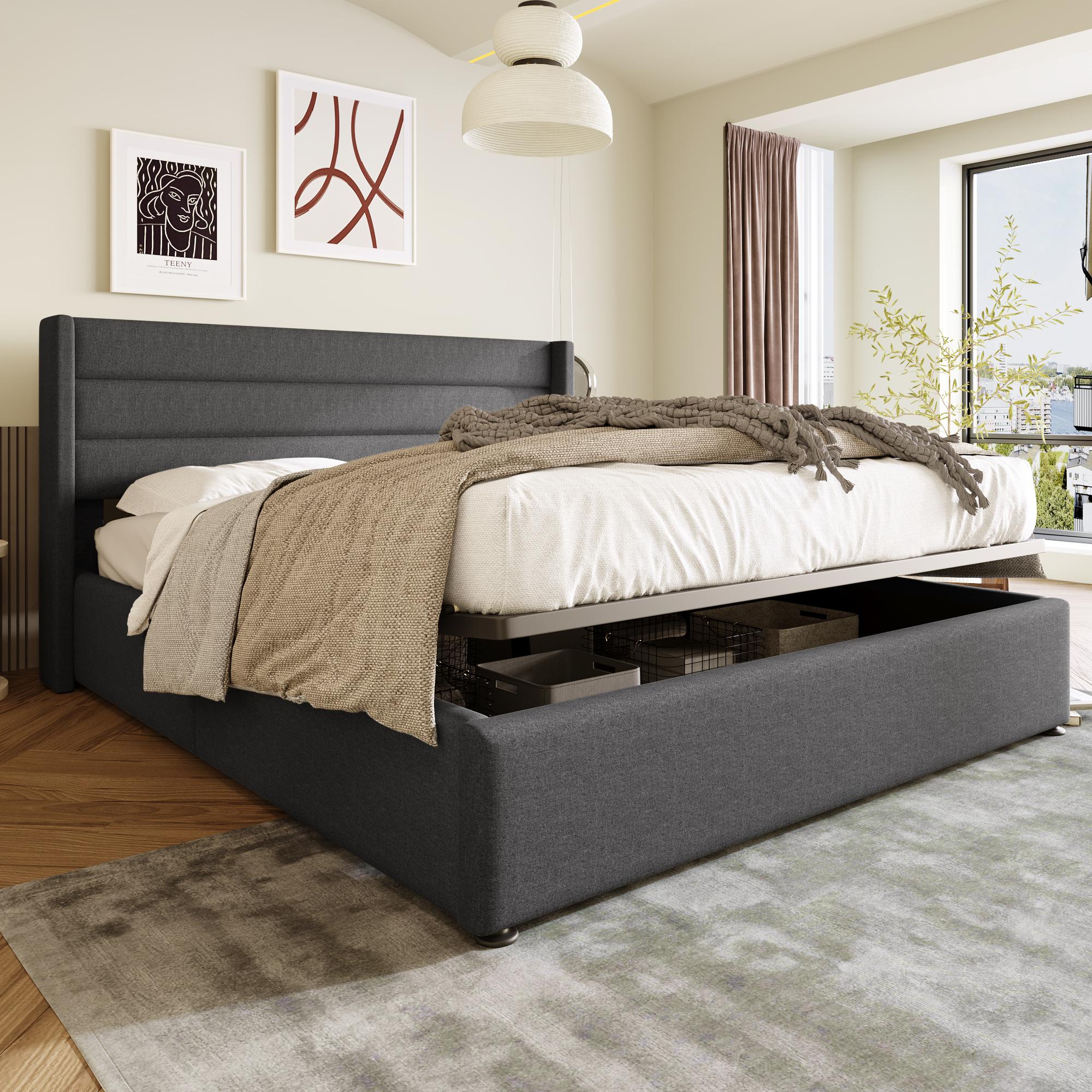 Stauraumbett Polsterbett Hydraulisch Doppelbett 160x200cm, Lattenrost aus Holz, Bett mit Lattenrost aus Metallrahmen, Leinen, Grau