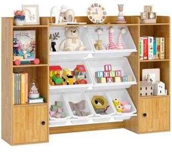 Costway Kids Toy Storage and Bookshelf with Boxes and Open Shelves-Beige