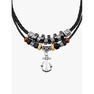 Mehrreihige Halskette mit Ankeranhänger für Herren – mattiertes Seil, schwarzer Gallenstein, Holzperlen und Legierung, verstellbare Länge, nautischer Stil für Freizeit und Strand