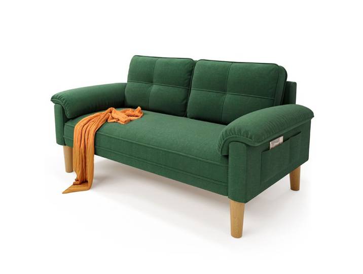 Canapé 2 Places - Bealife Canapé Scandinave - 2 Coussins - 2 Accoudoirs - Tissu Vert - Bois - Salon - Chambre - 144 x 77 x 77 cm