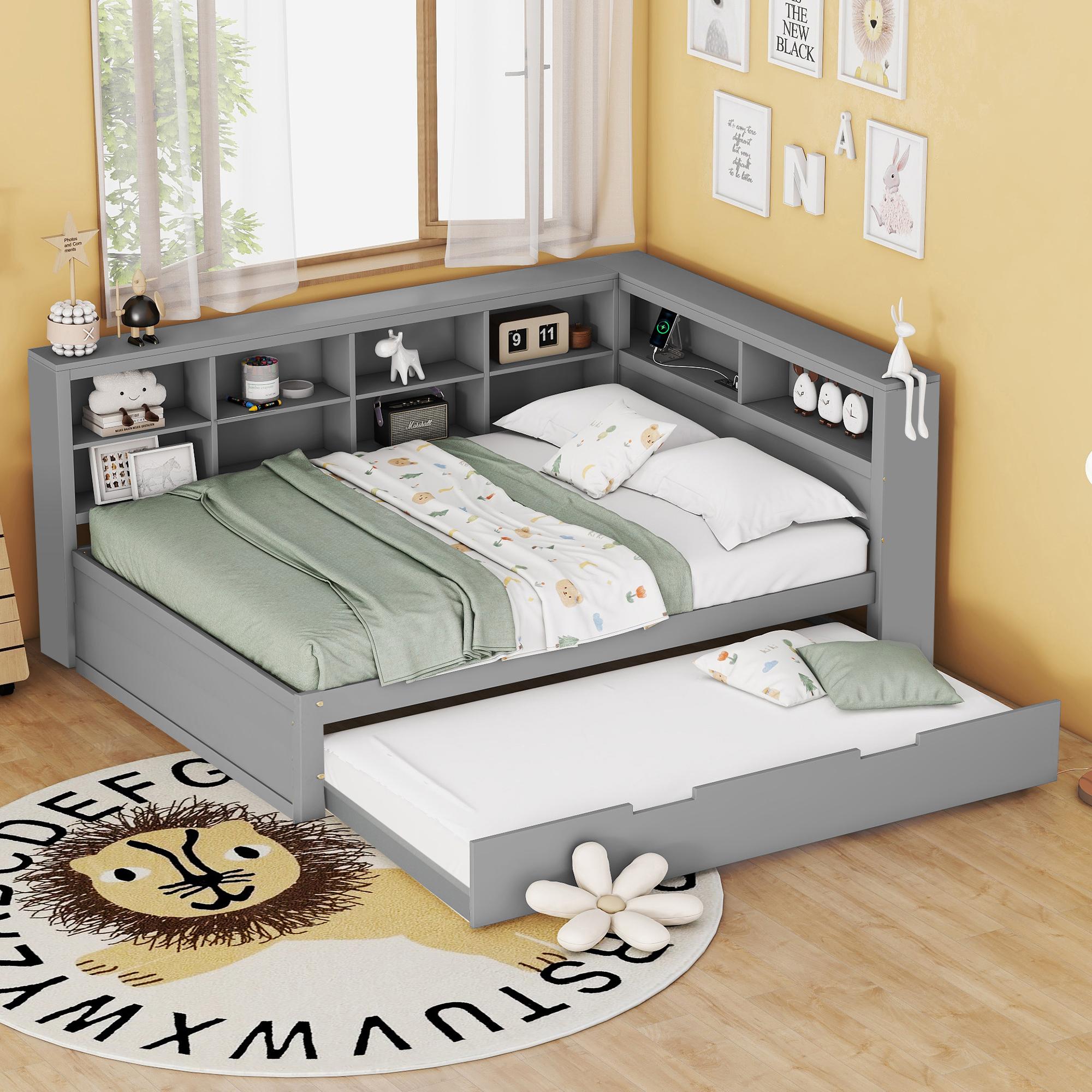 Sweiko Schlafsofa 140x200, ausziehbares Bett 90x190 mit USB-Steckdose und mehreren Ablagefächern, Massivholzbett, Doppelbett, Multifunktionsbett aus Holz, grau .