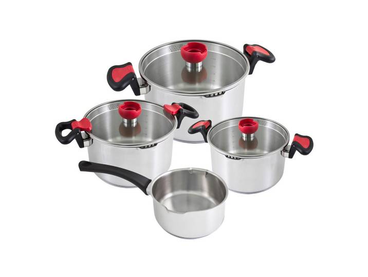 Kopf Topfset Nelo, Edelstahl, Induktion, 7-teilig, Silberfarben, Metall, Rund, wärmeisolierter Griff, Kochgeschirr, Töpfe, Topfsets
