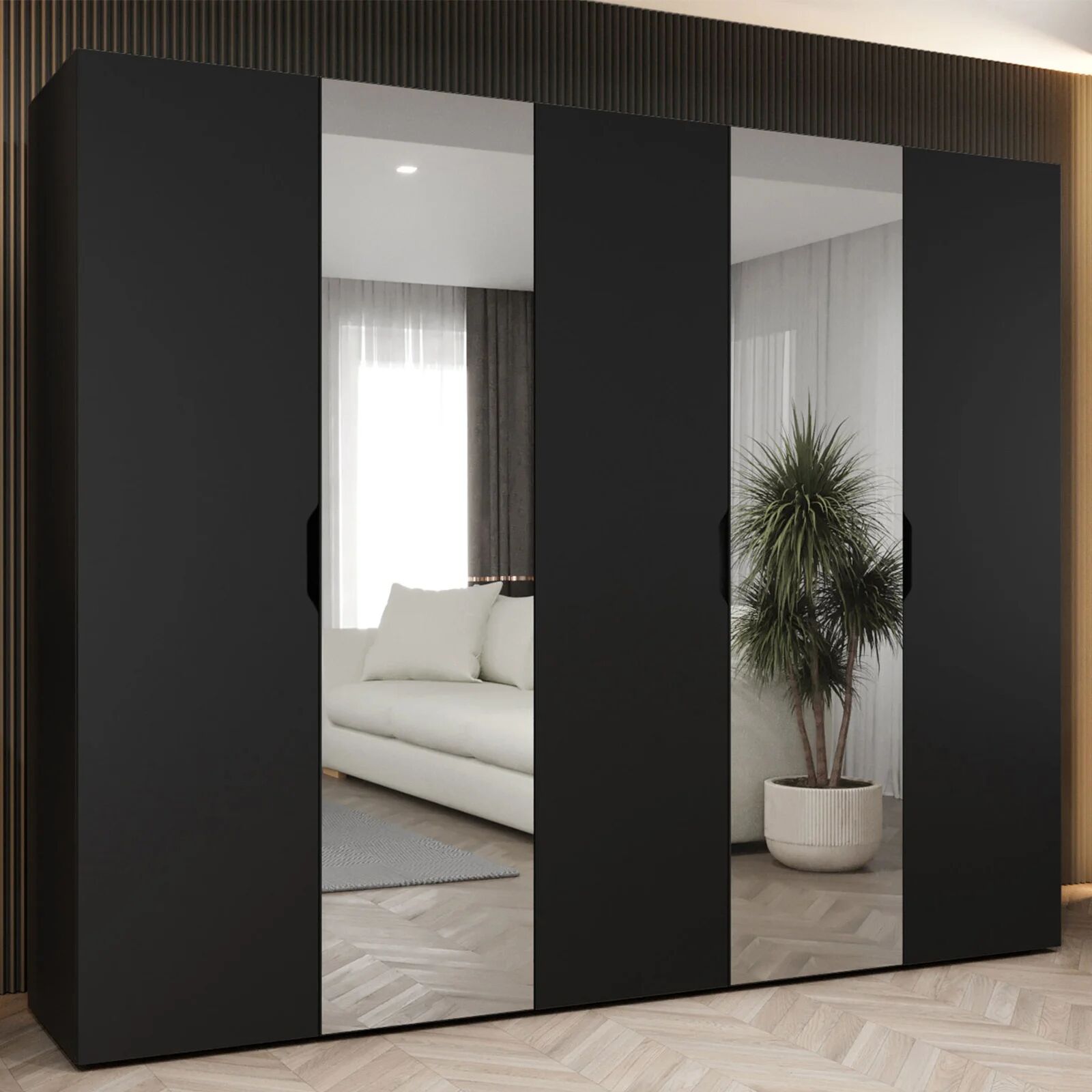garneroarredamenti Armadio 250x202 cm 5 ante con specchio nero opaco Valencia