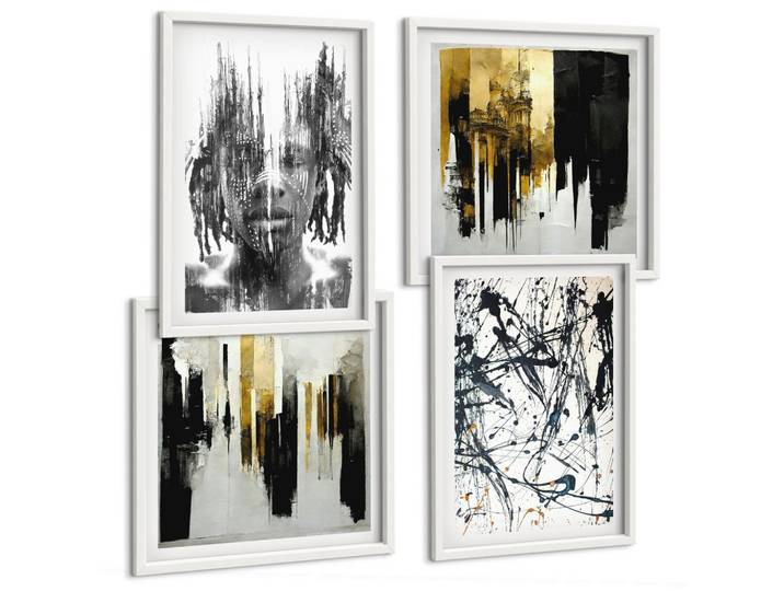 BILDER SET 4er Set - 50x50 cm & 40x60 cm Weißer Rahmen - Kontrastierende abstrakte Porträts