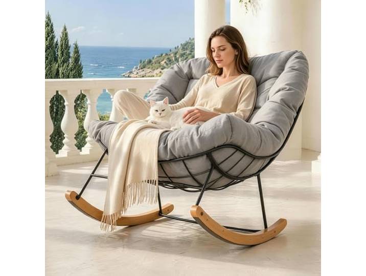 SANODESK Schaukelstuhl mit Kopfstütze & 159 kg Belastbarkeit für Wohnzimmer, Schlafzimmer, Leseecke, Balkon oder Garten, perfekt zum Entspannen, Lesen oder für ruhige Momente(Hellbraun)
