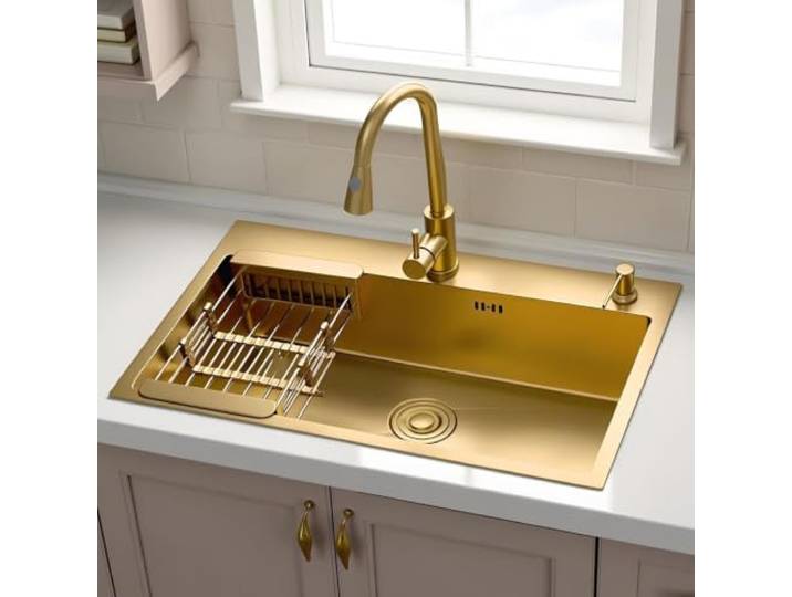 Goldene Edelstahl-Küchenspüle Mit Ausziehbarer Armatur, Ablaufkorb Einzelbecken-Einbauspüle Zum Geschirrspülen Für Wohnung, Restaurant, Home Office(65*45cm)