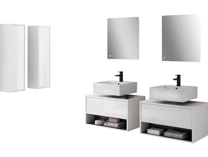 Badmöbel-Set HOME AFFAIRE Studio Line, Bad im modernen Design, 6-teiliges Badezimmer , weiss (weiß, weiß, applikation anthrazit), Kastenmöbel-Sets, Badmöbel-Set, Schrank, Unterschrank und Spiegel, in zwei Farben verfügbar, Stauraum