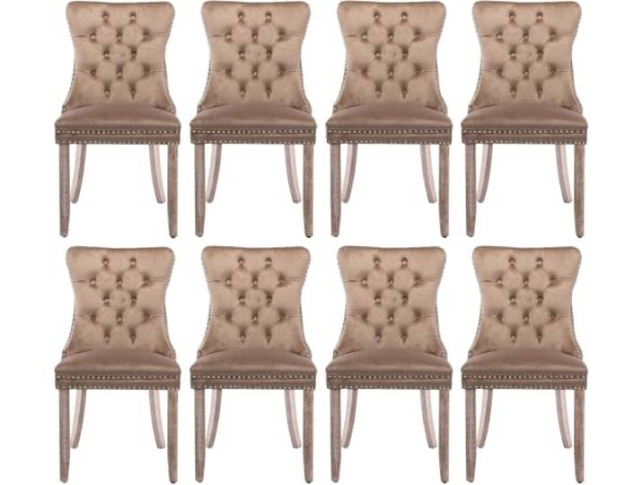 SoarTalent 8er Set Esszimmerstühle Samt gepolstert Nagelkopf, Khaki Samt gepolstert, Nagelkopfbesatz, Massivholzbeinen, Metall-Ziehring, für Esszimmer & Wohnzimmer
