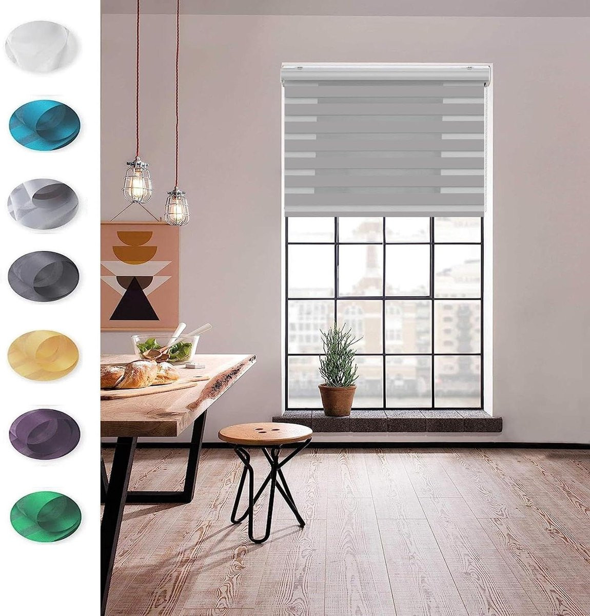 Lichtgrijze waterdichte jaloezieën van polyestervezel, semi-transparante raambekleding, B: 110 cm, H: 350 cm