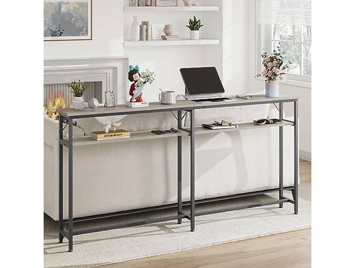 Zstar Industrial-Design Konsolentisch 180 cm - extra schmal - 2 Ebenen mit Ablagen & Stauraum - Metallrahmen - Farbe: Grau