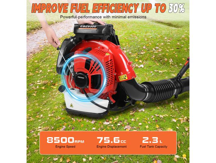 Souffleur à feuilles à dos à essence, 75,6 cm³, 2 temps, 850 CFM, 200 MPH, souffleur à feuilles à essence haute puissance