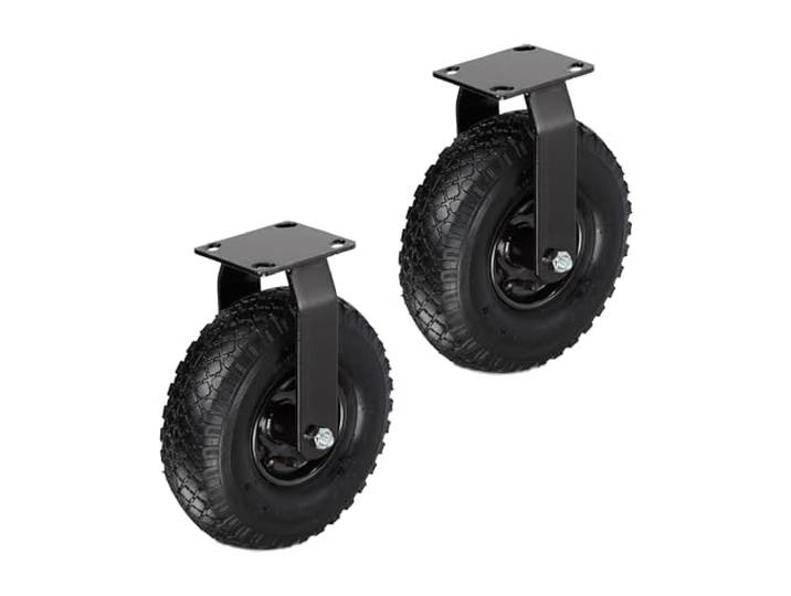Relaxdays Lot de 2 roulettes Fixes\, 3.00-4\, jusqu'à 120 kg\, Caoutchouc\, Plaque Acier\, pneumatique\, Charges Lourdes\, Noir