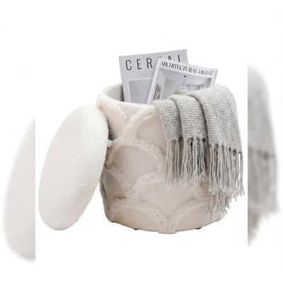 Sitzhocker RHONE Teddystoff mit Wellenmuster Ø 40 x 45 cm Creme | Kadima Design