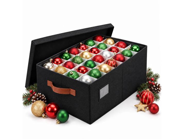 Relaxdays Aufbewahrungsbox Schwarz für Weihnachtskugeln 96 Fächer, Textil, Wellpappe, Kunststoff, 66.5x26x33 cm, Dekoration, Weihnachtsdekoration, Christbaumschmuck
