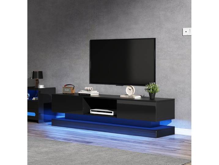 ROVRYN Meuble TV 160 cm noir brillant LED multicolore 2 tiroirs contrôle par application