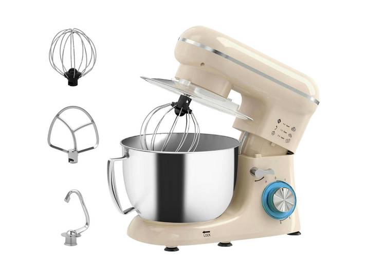 Homcom Küchenmaschine Edelstahl Kunststoff Beige, 4.5 L, 22x29x35 cm, Spritzschutz, Kochgeschirr, Küchengeräte, Küchenmaschinen