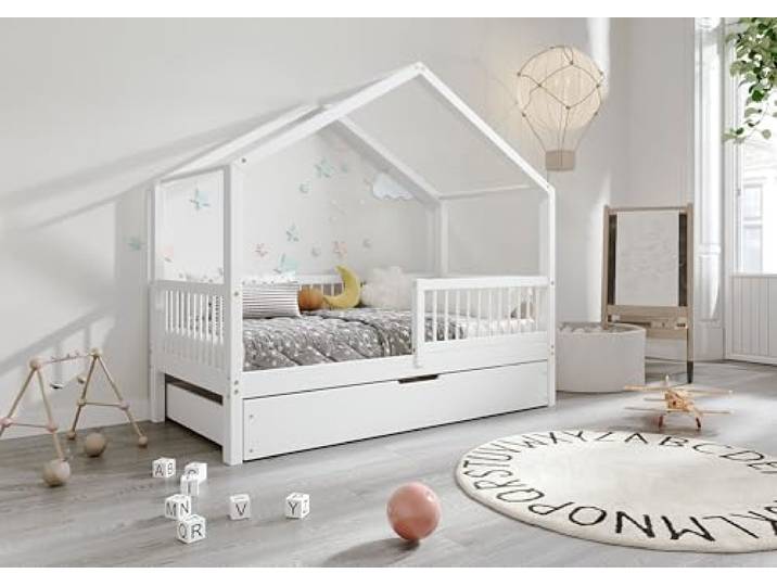TIMBEE MURLO - Box Holzbett - in Hausform mit Gitter, Sprossen und Schublade - Skandinavischer Stil - Massive Konstruktion aus Naturholz - Option mit Schublade - Weiß - 90x180cm