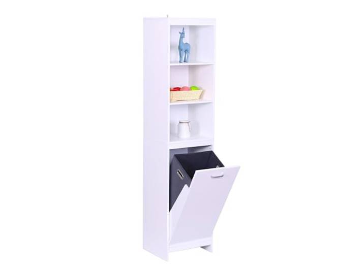 Relaxdays Wäscheschrank, ausklappbarer Wäschesack 44 l, 3 Regalfächer, HBT: 172 x 40 x 35 cm, hoher Badschrank, weiß