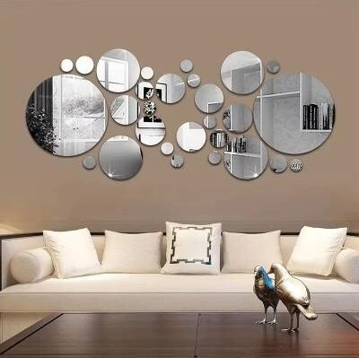 Inspired Finds 26 Pcs 3D Acrylic Mirror Wall Sticker Round Self Adhesive Decal For Bedroom Bathroom & TV Background silver