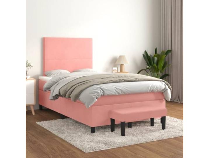 RJPLMFV Bett mit Matratze, Velours, 120 x 200 cm, Rosa Kopfteil verstellbar, Taschenfedern, mittelharte Halterung, Bettbank