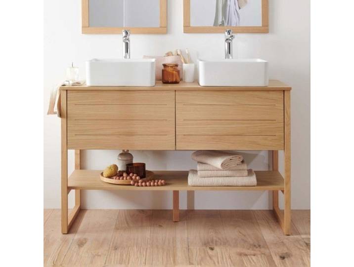 Meuble ATOLL double 120cm chêne vasques carrées blanches robinets