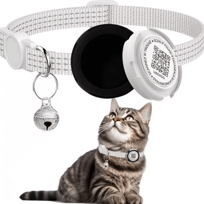 Inspire Curations Reflective AirTag Cat Collar With QR ID Tag Dual Protection GPS Cat Collar For Safer Adventures white no Airtag Locator