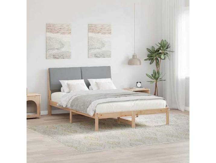RJPLMFV Bettgestell, 150 x 200 cm, massives Kiefernholz, Braun Kopfteil, Hellgrau, inklusive Latten, mattes Finish, Wandbefestigung