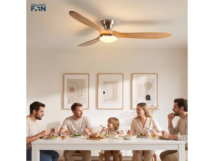 Ventilateur de plafond bas de 36/42/52 pouces avec éclairage LED, télécommande, pour intérieur de restaurant, pales en bois massif, avec lustre intégré.